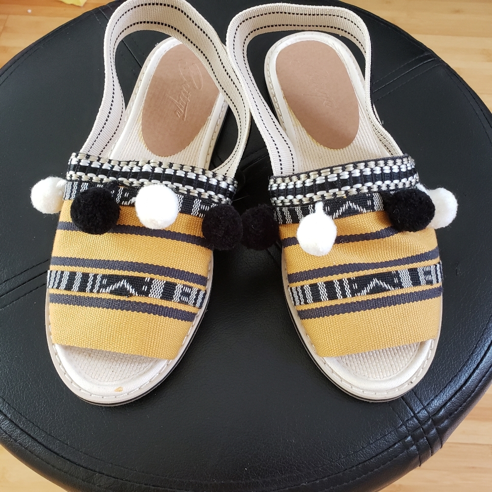 Bettye Muller boho slip on peep toe flats mustard yellow and black with pompoms